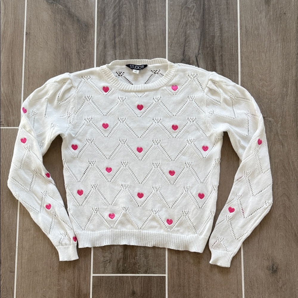 Studio White Sweater with Pink Heart Accents